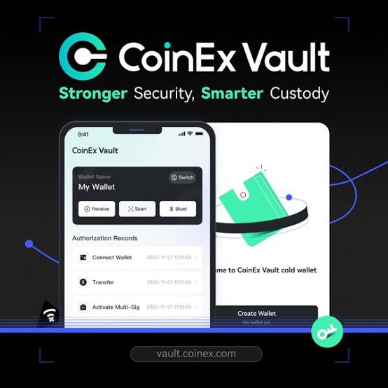 A promotional graphic for CoinEx Vault featuring the tagline 'Stronger Security, Smarter Custody' with mockups of mobile and tablet interfaces showing wallet management features like 'Connect Wallet,' 'Transfer,' and 'Activate Multi-Sig.'