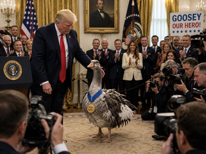 A scene in the White House with a man in a suit and red tie standing next to a large goose wearing a blue ribbon and gold medal, while a crowd of people and photographers watch and applaud behind a banner reading 'GOOSEY OUR HERO!'.