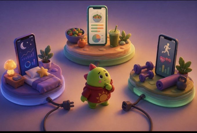 A 3D-rendered illustration showing a small green cartoon character surrounded by three platforms themed around different life aspects: sleep/mood (left), nutrition (center with a phone displaying food charts), and fitness (right with dumbbells and a yoga mat), connected by power cables.