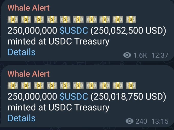 Two Whale Alert notifications from Telegram showing back-to-back USDC mints by USDC Treasury—250,000,000 USDC (250,052,500 USD) at 12:37 and 250,000,000 USDC (250,018,750 USD) at 13:15—which together total 500 million USDC, matching the post's headline of "500,000,000 USDC minted" amid bullish speculation about who's buying.