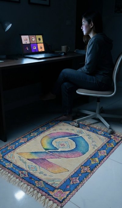 A young woman sits at a wooden desk in a dark room using a laptop with colorful icons on the screen, illuminated by a desk lamp and the monitor's glow, with a rainbow-colored rug beneath her.