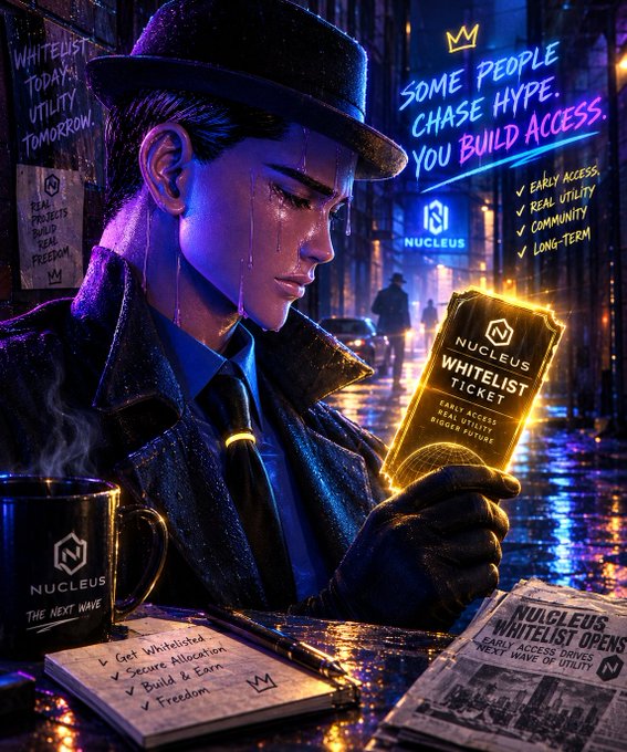A noir-style digital advertisement features a man in a fedora and trench coat holding a glowing 'NUCLEUS WHITELIST TICKET' with the slogan 'SOME PEOPLE CHASE HYPE. YOU BUILD ACCESS.' alongside bullet points for Early Access, Real Utility, Community, and Long-Term.