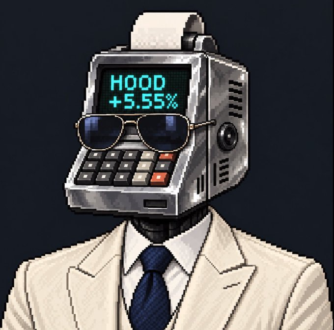 Pixel art character with a cash register for a head displaying 'HOOD +5.55%' on its screen, wearing aviator sunglasses and a white suit with blue tie.