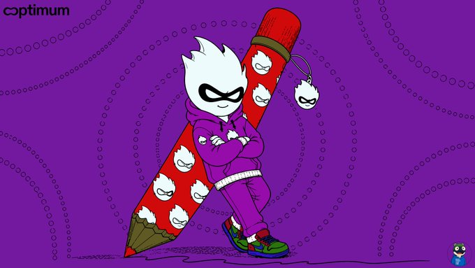 A digital illustration features a white-haired character in a purple hoodie and sweatpants standing with crossed arms in front of a giant red pencil covered in small angry face designs, set against a purple background with the word 'optimum' in the corner.