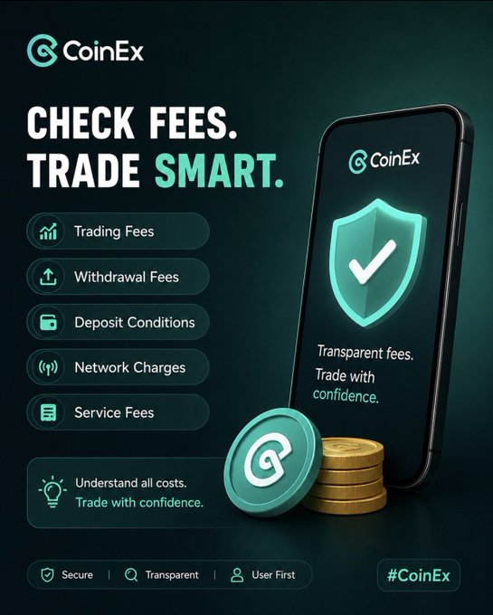A CoinEx promotional graphic with the text 'CHECK FEES. TRADE SMART.' listing various fee categories like Trading Fees, Withdrawal Fees, and Network Charges, alongside a smartphone displaying a security shield and the hashtag #CoinEx.