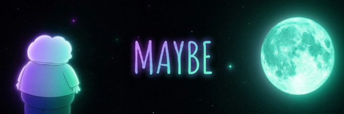 A figure with a glowing outline stares at a large, radiant teal moon against a starry sky, with the neon text "MAYBE" floating between them. The image visually reinforces the meme coin's branding and ticker $MAYBE, illustrating the theme of contemplation around the speculative "maybe" of launching on Solana.