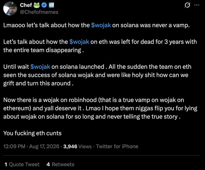 A tweet from @Chefofmemes criticizing the $wojak crypto project on Solana versus Ethereum, dated Aug 17, 2026, with 3,946 views.