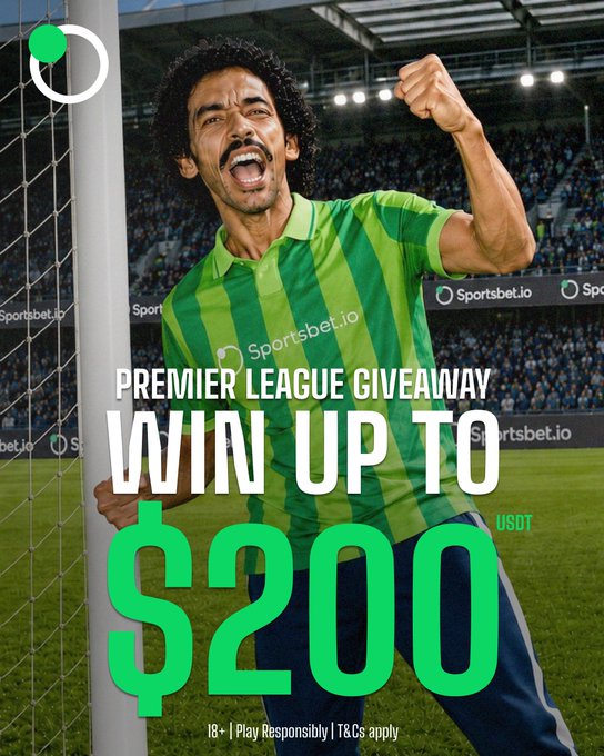 The image features a jubilant soccer player in a green Sportsbet.io jersey celebrating a goal, promoting a "PREMIER LEAGUE GIVEAWAY" where participants can "WIN UP TO $200 USDT" by predicting who will top the league after gameweek 1, as detailed in the accompanying post.