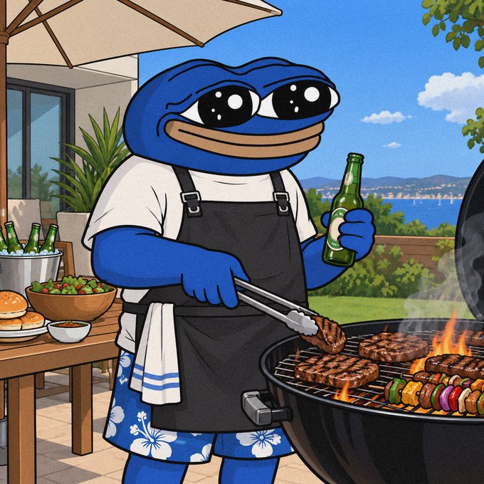 A cartoon illustration of a blue Pepe the Frog character wearing sunglasses and a floral apron, holding a beer bottle while grilling burgers and kabobs at a backyard barbecue with an ocean view.