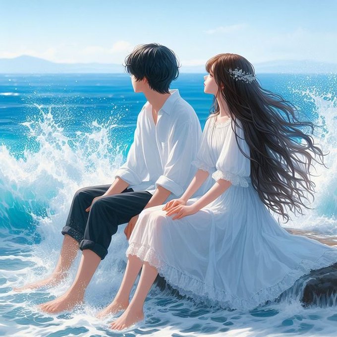 A young couple sits peacefully on a rocky shore as ocean waves crash around them, the girl in a flowing white dress and the boy in a white shirt, both gazing out at the sea. The serene, steadfast scene mirrors the post's message of resilience—facing the crashing waves of uncertainty together and holding steady before the dust settles.