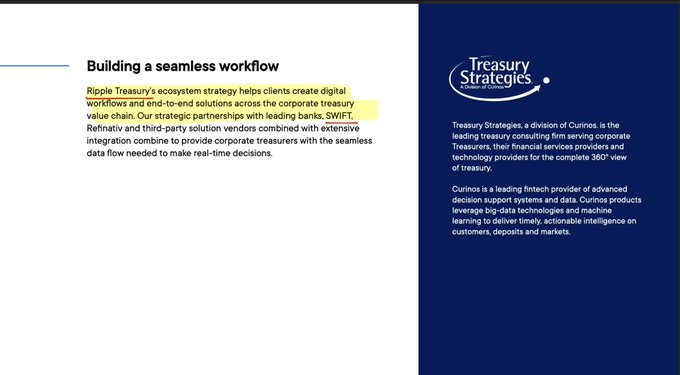 In the image, there are two sections with text on them. On the left side of the screen, you can see the title "Building a seamless workflow" followed by bullet points discussing Ripple Treasury's approach to creating digital identity services for banks. Below this, there is an image that reads "Focus on what is in the image and how it relates to the post". The two sections seem to be related as they discuss Ripple's use of XRP for SWIFT connections.
