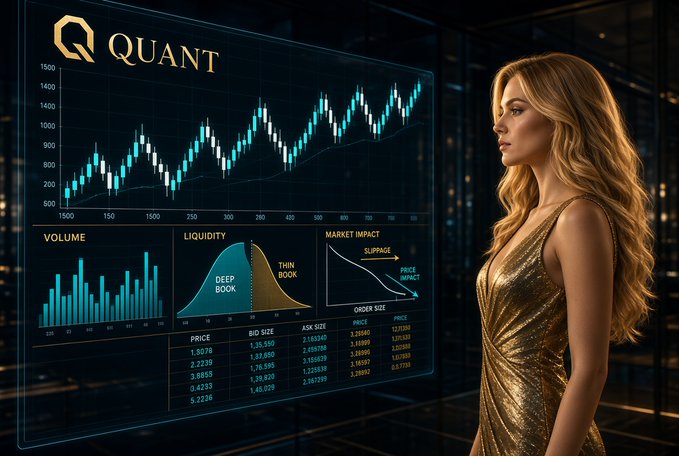 A stylized digital illustration features a blonde woman in a gold dress standing beside a holographic 'QUANT' trading dashboard displaying candlestick charts, volume, liquidity, and market impact data.