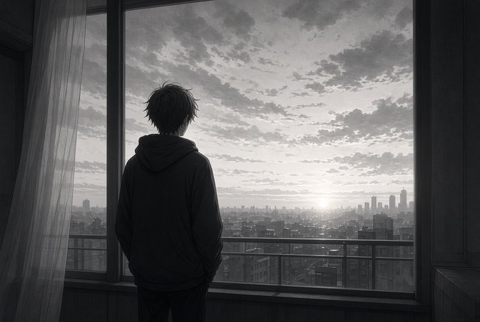 A solitary figure in a hoodie stands by a large window, gazing out over a sprawling cityscape at dawn, embodying the quiet patience of "small steps, big compounding." The vast horizon and rising sun mirror the gradual, steady growth that comes from consistent daily effort.