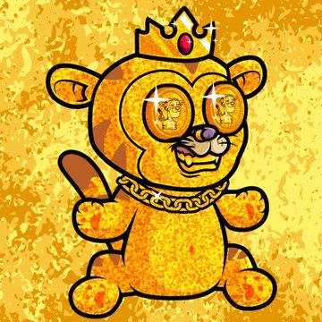 Cartoon illustration of a golden, glittery bear character wearing a crown and gold chain, with sparkling dollar-sign eyes against a textured yellow background.