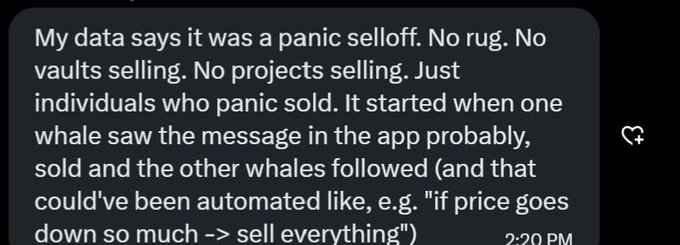 A screenshot of a message reading "My data says it was a panic selloff. No rug. No vaults selling. No projects selling. Just individuals who panic sold. It started when one whale saw the message in the app probably, sold and the other whales followed (and that could've been automated like, e.g. 'if price goes down so much -> sell everything')" sent at 2:20 PM, which supports the poster's claim that the $wallet crash was a panic selloff rather than an intentional rug pull by insiders.