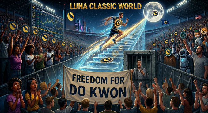 The image features a large crowd of people gathered together for an event or rally related to cryptocurrency, specifically focusing on the concept of freedom within the crypto space. The crowd consists of individuals holding up banners that read "Freedom For DoKwon" and "LCW". These banners are displayed against a backdrop featuring a city skyline at night, symbolizing the idea of breaking free from traditional constraints and embracing new possibilities in the world of cryptocurrency.