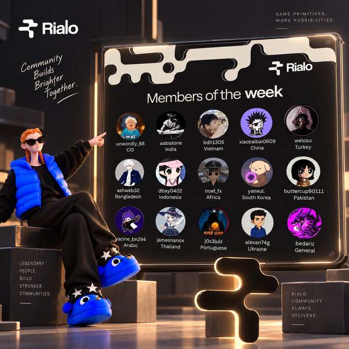 A 3D-rendered promotional image for 'Rialo' highlighting 'Members of the week' with community avatars, featuring a character in a blue puffer jacket sitting on a box, with text including 'SAME PRIMITIVES. MORE POSSIBILITIES' and 'LEGENDARY PEOPLE BUILD STRONGER COMMUNITIES.'