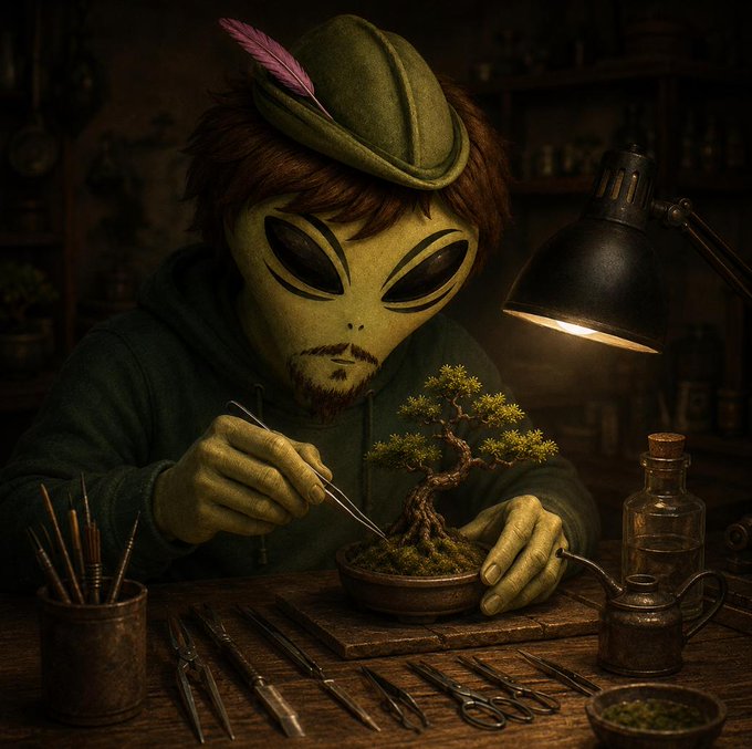 An AI-generated image of an alien with large black eyes, wearing a green hat with a feather and hoodie, carefully tending to a bonsai tree at a workbench filled with tools.