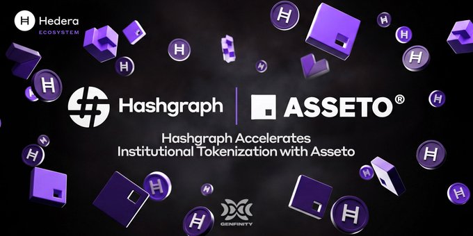 The image shows a poster or banner for Hashgraph, a platform that allows users to tokenize securities like stocks and bonds. The main information on the poster includes the names of the two companies involved - Hashgraph and Asseto. There are several purple cubes surrounding these text elements in different sizes. In addition, there is an image featuring a series of overlapping purple cubes representing coins or tokens.