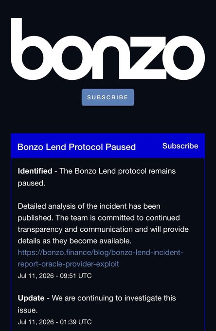 A Bonzo (Bonzo Finance) status page shows a 'Bonzo Lend Protocol Paused' alert due to an oracle provider exploit, with updates dated July 11, 2026, and a link to a detailed incident report.