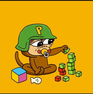 An illustration of a baby monkey wearing a green army helmet with a yellow 'P' and a pacifier, playing with colorful building blocks against a yellow background.