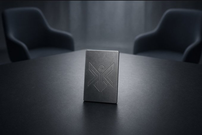 A dark metallic card or emblem with an engraved geometric X-shaped logo sits on a black table, with two dark chairs in the blurred background.