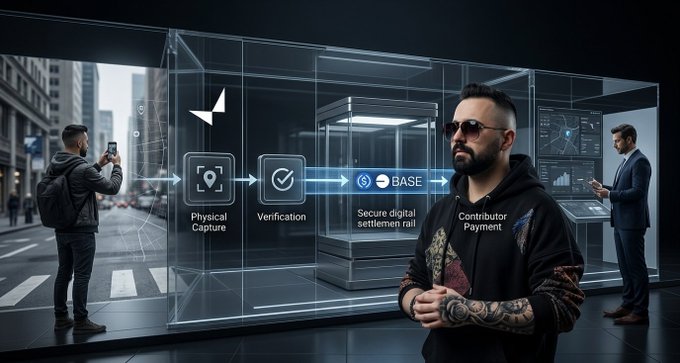 A digital/futuristic scene featuring a man in sunglasses and a hoodie with "Contributor Payment" text, alongside a diagram showing a process from "Physical Capture" through "Verification" to a "Secure digital settlement rail" on BASE.