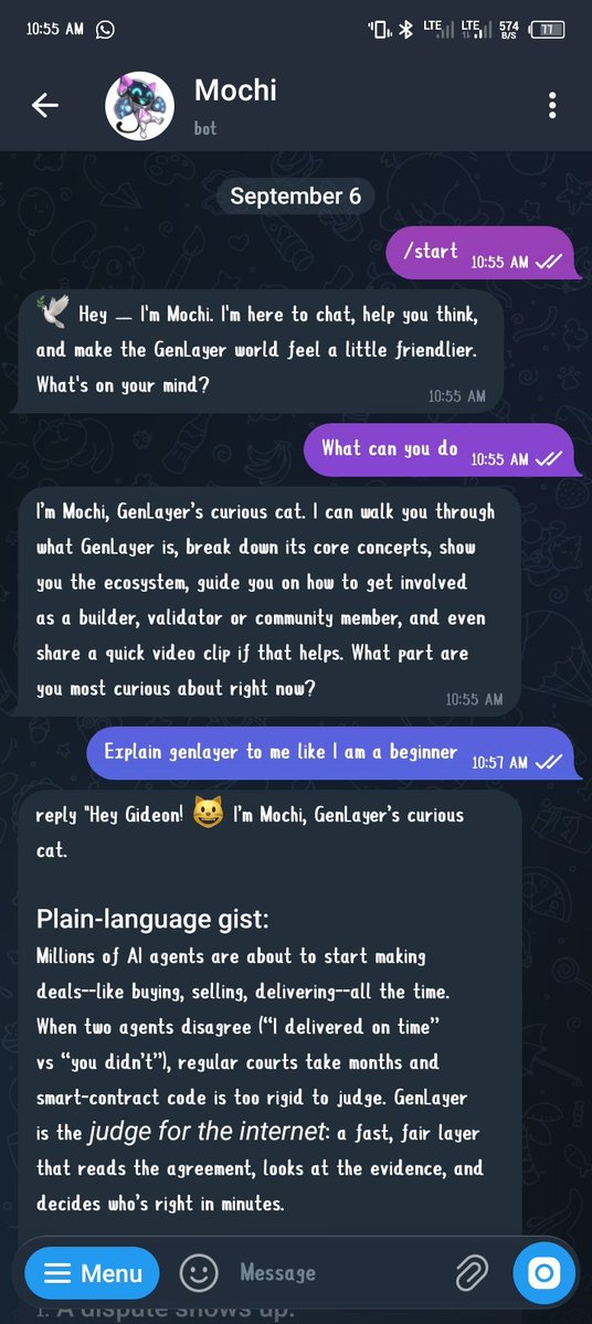 A Telegram chat with the "Mochi" bot is visible, where the user asked it to "Explain genlayer to me like I am a beginner," and Mochi responds by describing GenLayer as a "judge for the internet" that settles disputes between AI agents in minutes, supporting the post's theme of learning about GenLayer's beginner-friendly explanation of its dispute resolution system.