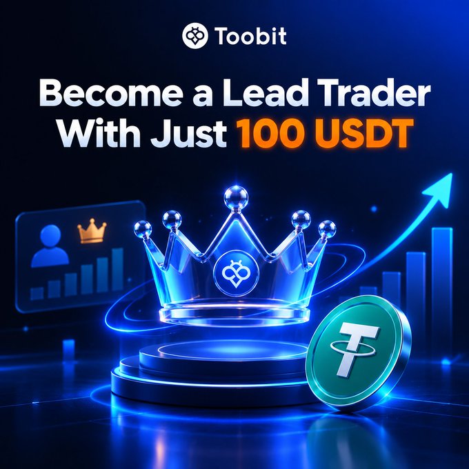 A promotional banner for Toobit invites users to "Become a Lead Trader With Just 100 USDT," featuring a glowing crown, an upward-trending arrow, and a USDT coin—visually reinforcing the post's message about qualifying for copy trading leadership with a low 100 USDT account balance.