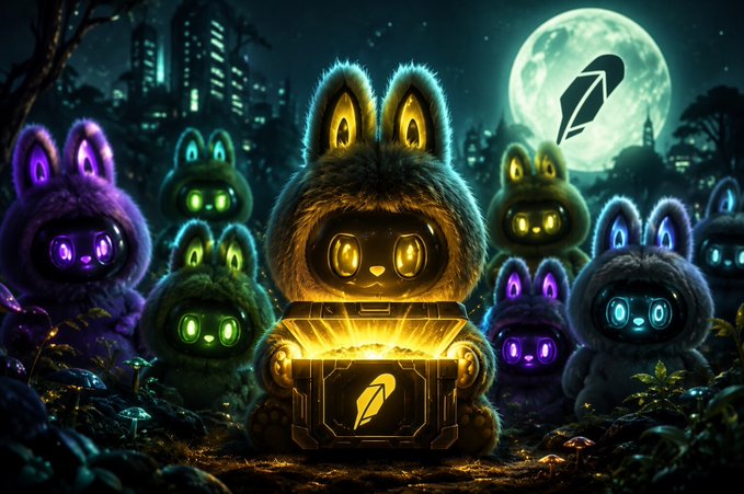 A group of fuzzy, bunny-like creatures with glowing neon eyes gather at night under a full moon, with the central figure holding an open treasure chest radiating golden light.
