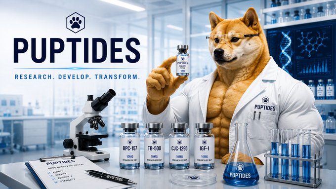 The image shows a muscular Shiba Inu dog wearing a white lab coat and glasses, standing in a laboratory setting while holding up a vial labeled "PUPTIDES," with additional peptide research vials marked "BPC-157," "TB-500," "CJC-1295," and "IGF-1" displayed on the bench. The branding "PUPTIDES - RESEARCH. DEVELOP. TRANSFORM." appears prominently, visually reinforcing the post's tagline by presenting the meme-inspired token as a legitimate scientific research operation.