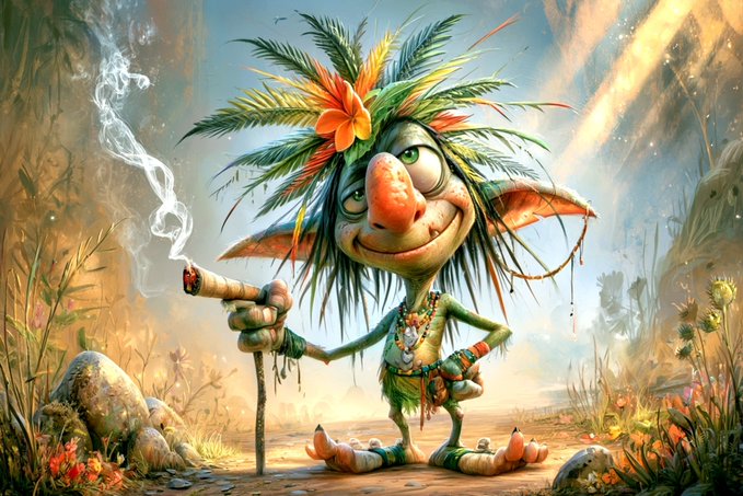 A whimsical, fantasy-style digital illustration of a green-skinned elf or troll-like creature with wild hair adorned with tropical flowers, smoking a long pipe and leaning on a staff in a sunlit forest setting.
