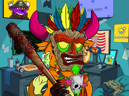 A fierce tribal mask-wearing warrior clutches a bloody baseball bat in a messy bedroom adorned with "SafeChain" posters, a pirate character, and crypto-related artwork. The aggressive, chaotic illustration visually embodies the post's hype for the PatriotsSolana NFT community, reflecting the intense, "lock in" energy being celebrated.
