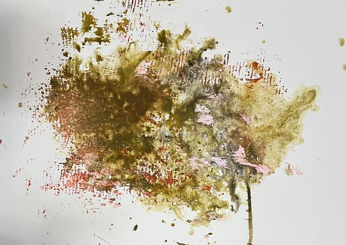 An abstract mixed-media artwork resembling a tree or burst shape, created with splatters and washes of green, gold, and pink pigments on a white background.