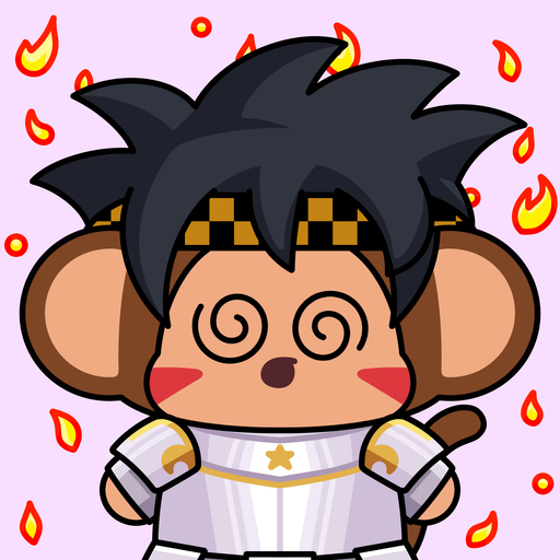 An illustration of a chibi-style monkey character with spiky black hair, spiral eyes, and wearing white armor, surrounded by flames on a pink background.