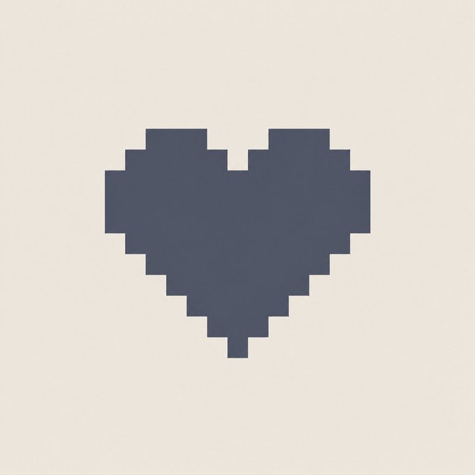 A simple minimalist graphic of a dark blue pixelated heart shape on a cream-colored background.
