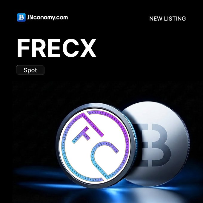 A Biconomy.com new listing announcement for the cryptocurrency FRECX on the Spot market, featuring a 3D rendering of a blue and purple coin beside a silver Bitcoin.