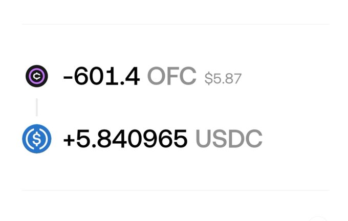 A cryptocurrency transaction screenshot showing -601.4 OFC at $5.87 received in exchange for +5.840965 USDC.