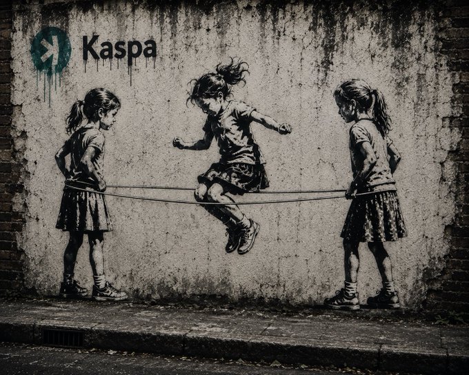A Banksy-style black and white street art mural on a weathered brick wall depicts two girls holding a jump rope while a third girl leaps over it mid-air, with the word "Kaspa" and its teal logo spray-painted in the upper left corner, visually echoing the #Kaspa flexible $KAS post theme.