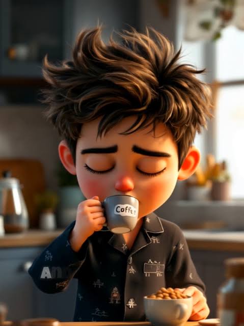 The image features a cartoon boy wearing pajamas holding a coffee cup, with his eyes closed as if he's sipping from it. The background shows a kitchen setting with various items such as a sink, a bowl of nuts, and a plant on the countertop. There is also an image of a person in the background who appears to be a cartoon character or a person wearing pajamas.