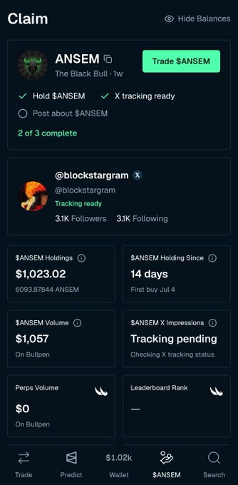 A crypto wallet interface shows a "Claim" page for $ANSEM (The Black Bull · 1w) with $1,023.02 in holdings (6,093.87544 ANSEM) held for 14 days since July 4, plus $1,057 volume on Bullpen—visually confirming the $1,000+ $ANSEM airdrop the user received in their Bullpen wallet.