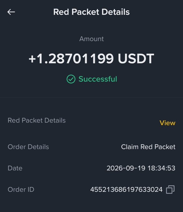 A mobile screenshot of a 'Red Packet Details' page showing a successful transaction of '+1.28701199 USDT' with date 2026-09-19 18:34:53 and order ID 455213686197633024.