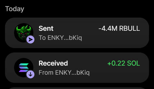 The image shows a transaction history displaying a "Sent" record of -4.4M $RBULL and a "Received" record of +0.22 SOL, both involving the wallet ENKY...bKiq. This visually confirms the post's claim of purchasing over 4.4 million $RBULL tokens in exchange for 0.22 SOL through the specified wallet address.