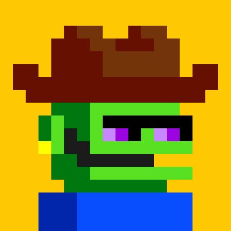 A pixel art illustration of a green zombie-like character with a wide grin, purple eyes, and a brown hat on a yellow background.