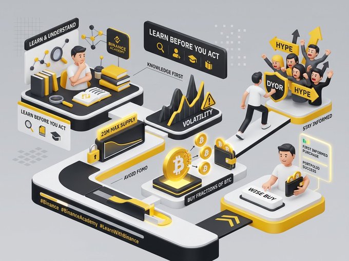 A 3D isometric infographic for Binance Academy illustrating crypto investment concepts including 'Learn Before You Act', '21M Max Supply', 'Volatility', 'Avoid FOMO', 'DYOR vs HYPE', and 'Wise Buy'.