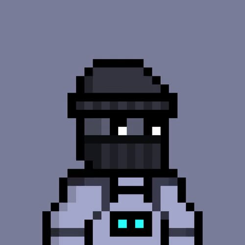 A pixel art character depicting a figure in dark sunglasses and a fedora-style hat with a futuristic suit and glowing teal accents.