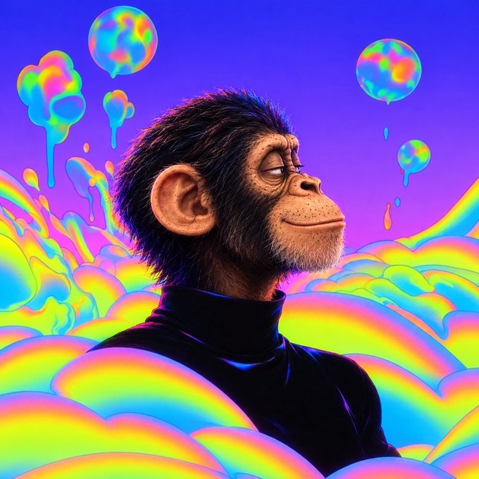 A digital illustration depicts a chimpanzee with a contemplative expression surrounded by iridescent rainbow-colored clouds and floating alien/skull-shaped droplets against a purple background.