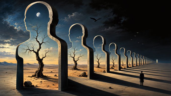 A surreal digital artwork showing a row of large human silhouette cutouts on a desert landscape, each containing a barren tree and sky with the moon, with a small figure standing nearby.