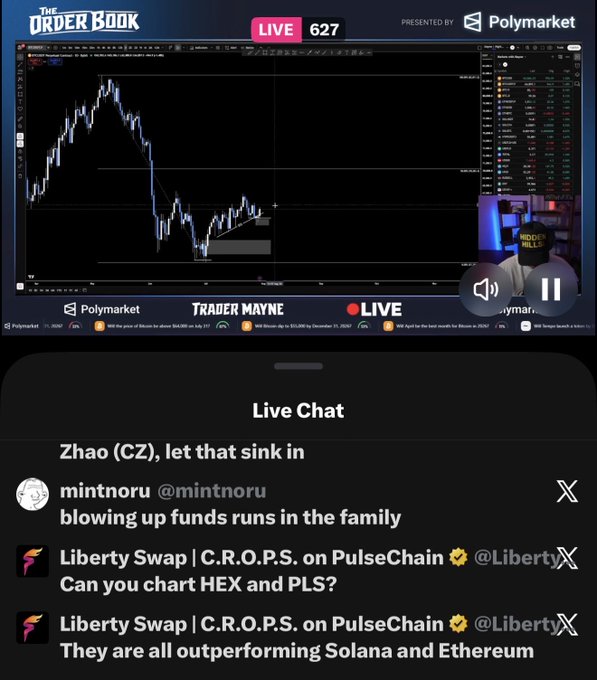 A mobile screenshot of 'The Order Book' live stream presented by Polymarket, showing a Bitcoin chart and live chat comments about Zhao (CZ), HEX, PLS, and PulseChain.