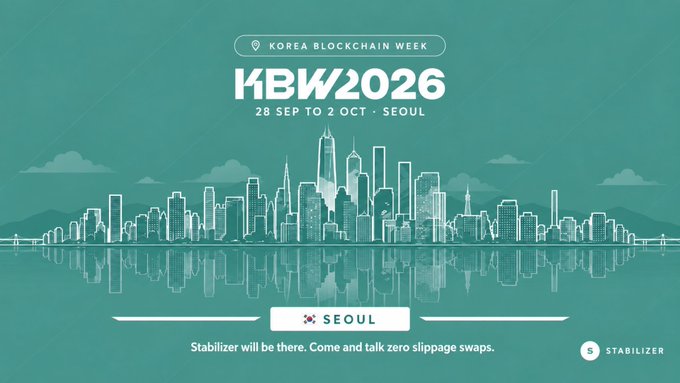 A teal promotional banner for 'KOREA BLOCKCHAIN WEEK KBW2026', taking place from 28 SEP to 2 OCT in SEOUL, featuring a city skyline and a 'STABILIZER' ad.